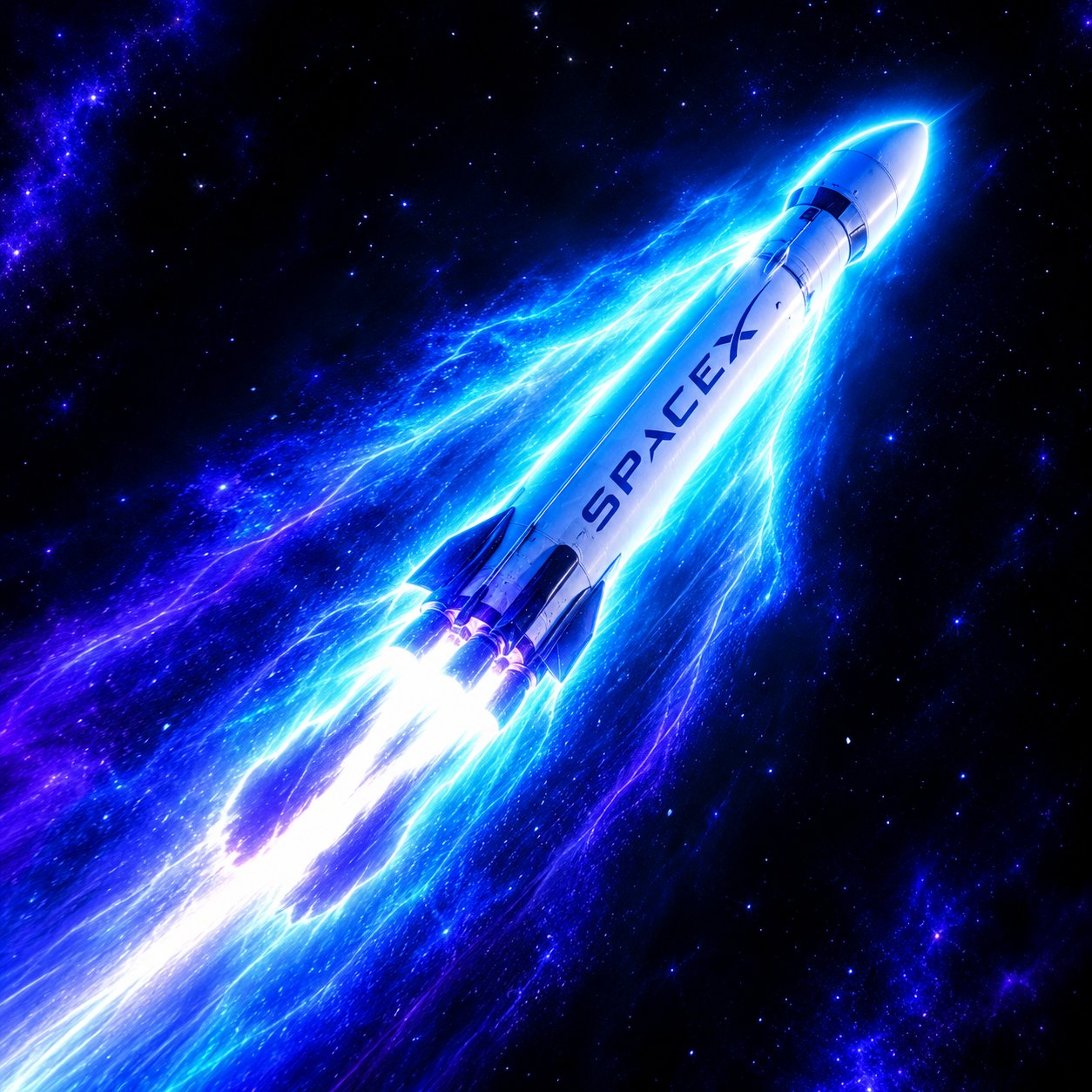 SpaceX Accelerationism rocket blasting through a neon nebula